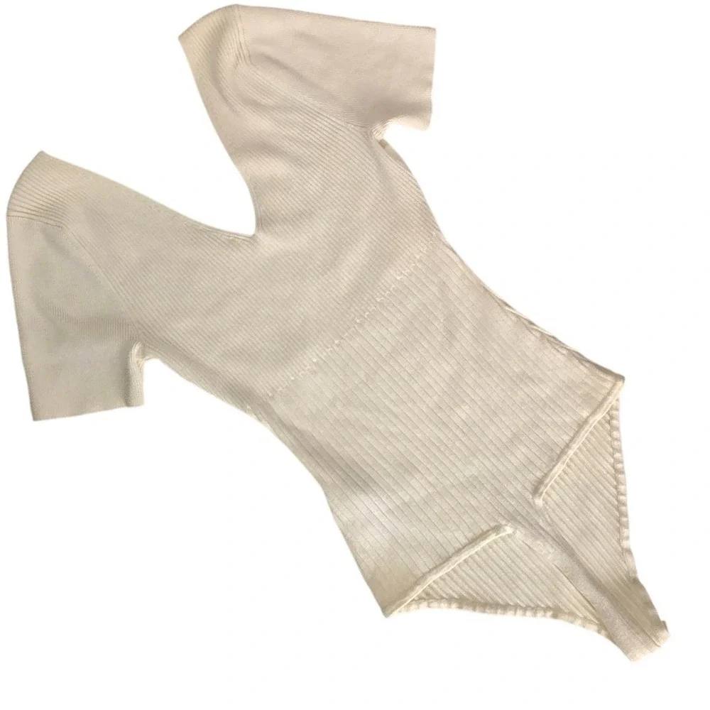 Abercrombie & Fitch Womens‎ Cream Ribbed Knit V-Neck Short Sleeve Bodysuit rib L